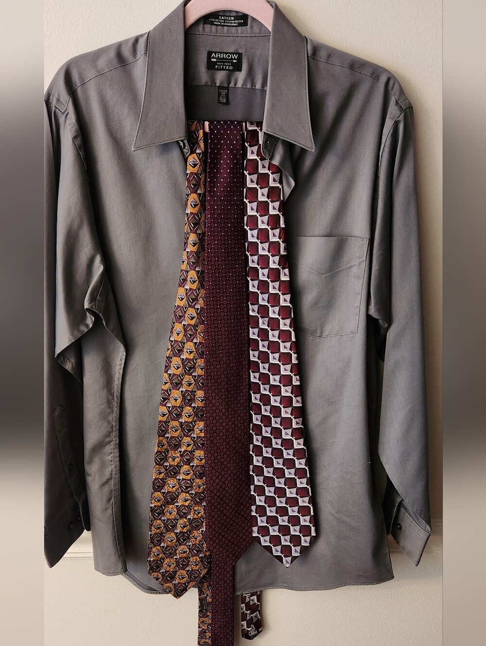 Arrow Fitted Men’s Button-Up Dress Shirt - Charcoal Gray With Three Ties
